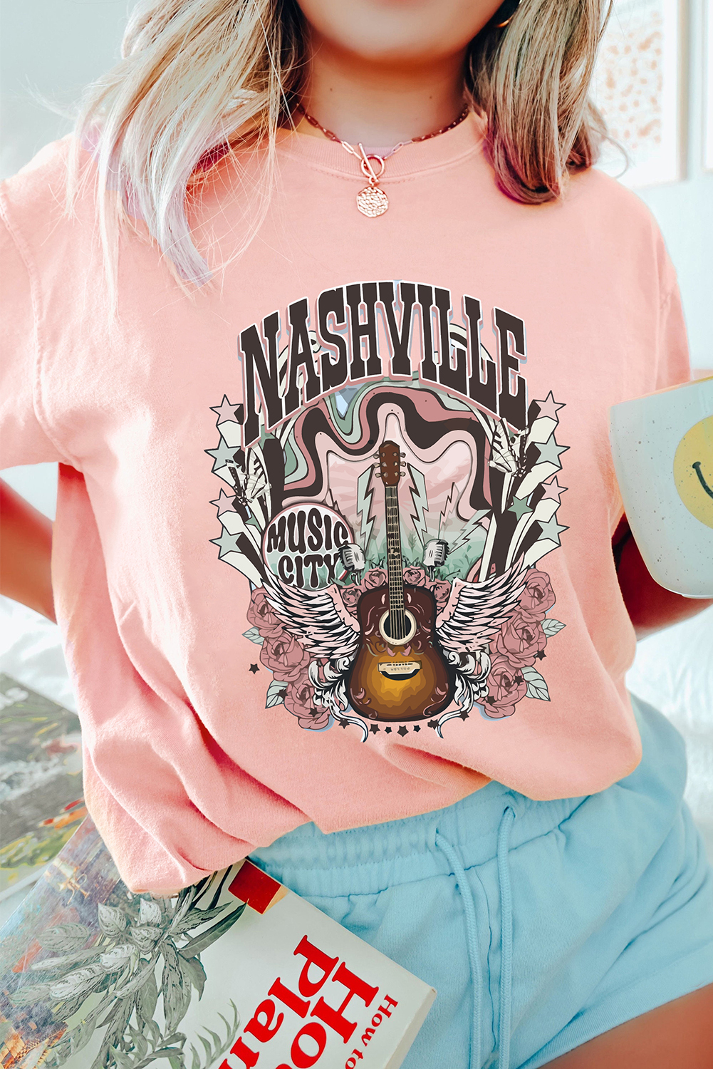 Pink NASHVILLE MUSIC CITY Guitar Graphic T Shirt
