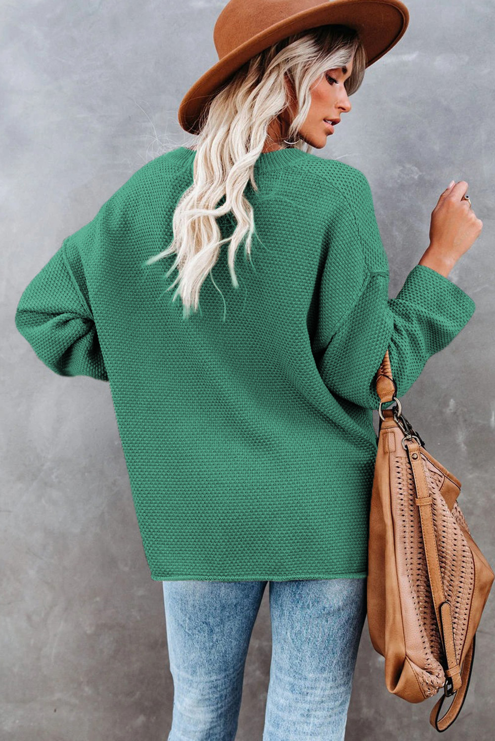 Green Henley Pullover Drop Shoulder Sweater with Slits