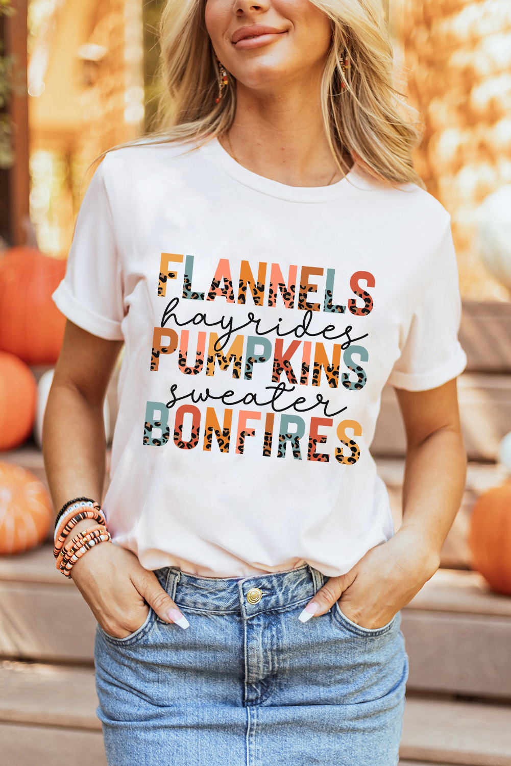 White FLANNELS PUMPKINS BONFIRES Chic Letter Graphic Tee