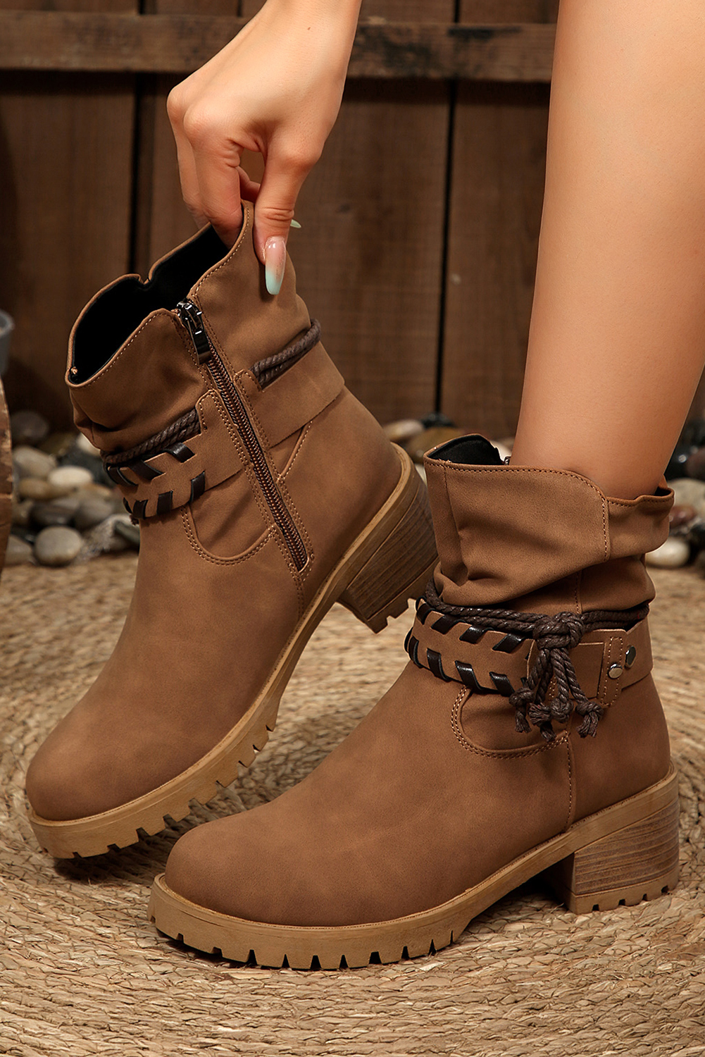 Chestnut Faux Suede Contrast Rope Detail Side Zip Boots