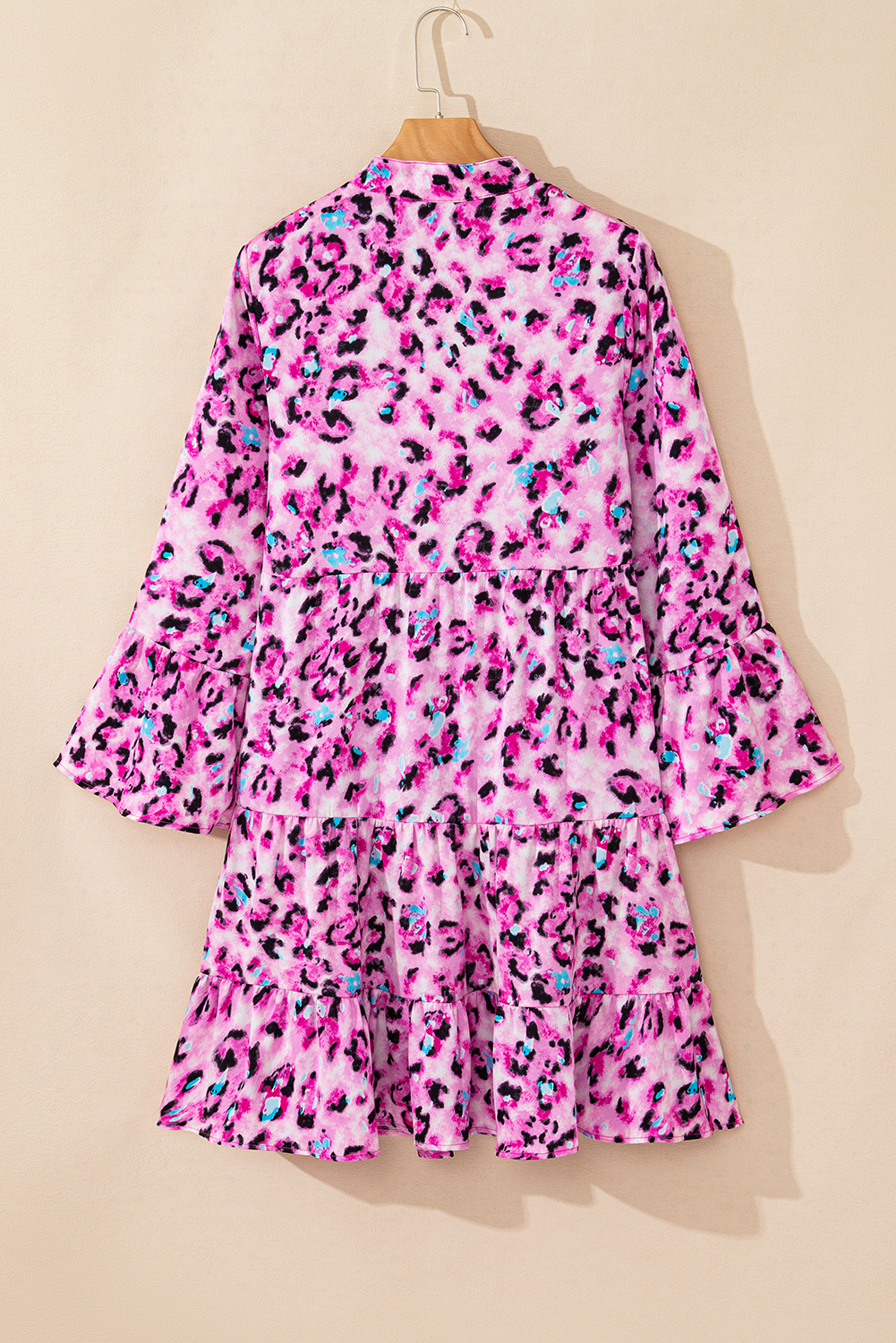 Khaki Leopard Print Buttoned Front 3/4 Sleeve Tiered Ruffled Hem Dress