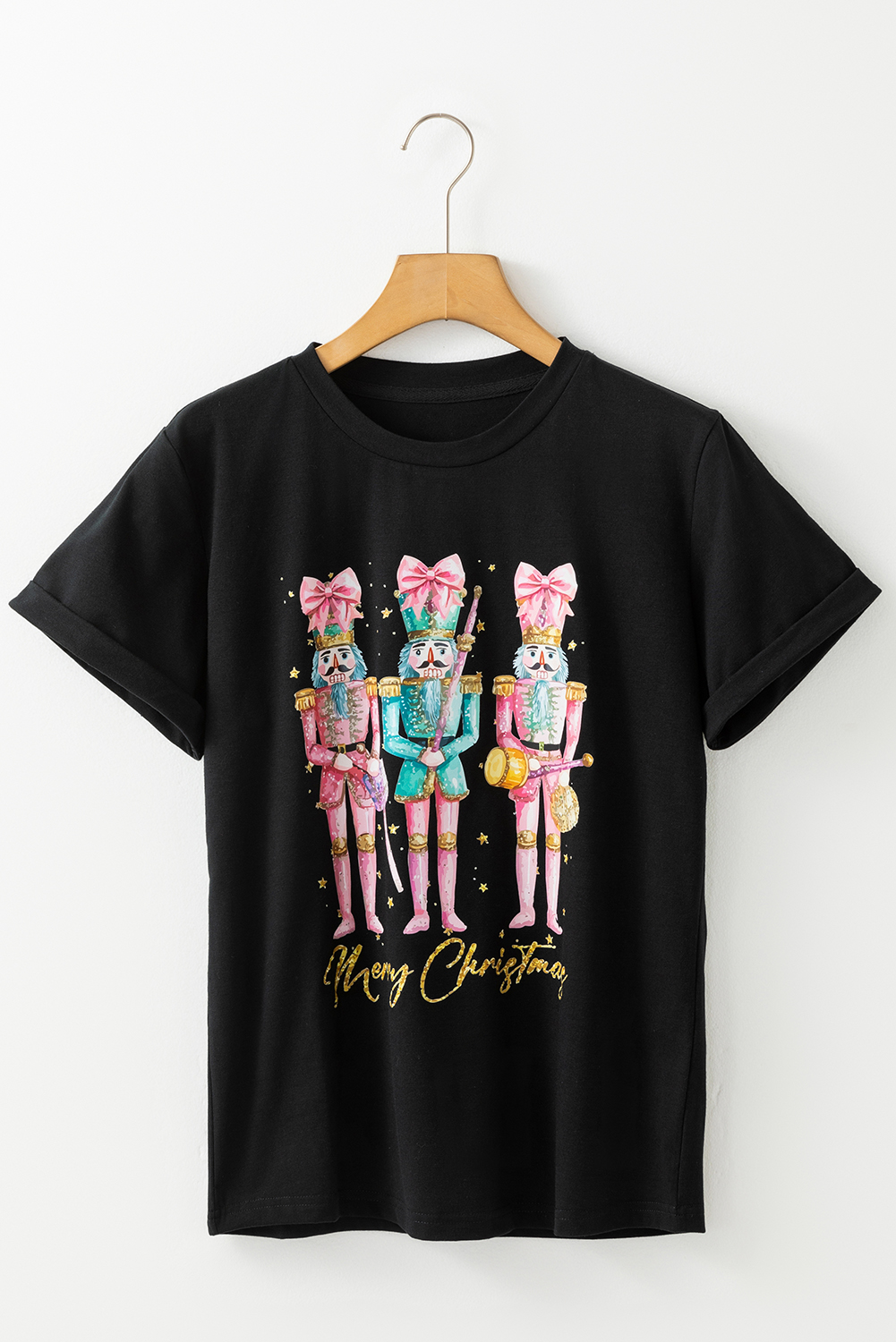 Black Nutcracker Merry Christmas Printed Crewneck T Shirt