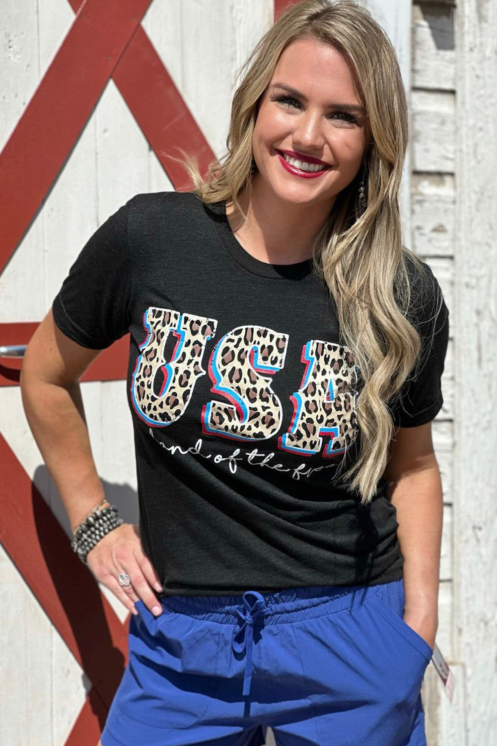 Gray Blooming USA Flag Print Casual T Shirt