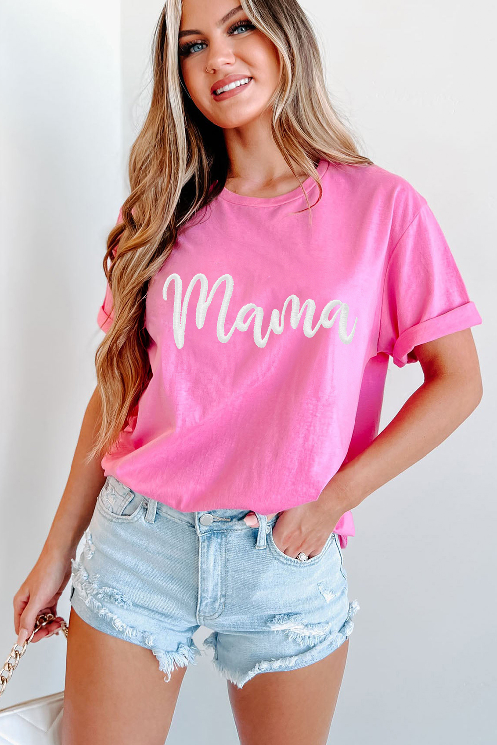 Sachet Pink mama Embroidered Graphic Crewneck Mothers Day T Shirt