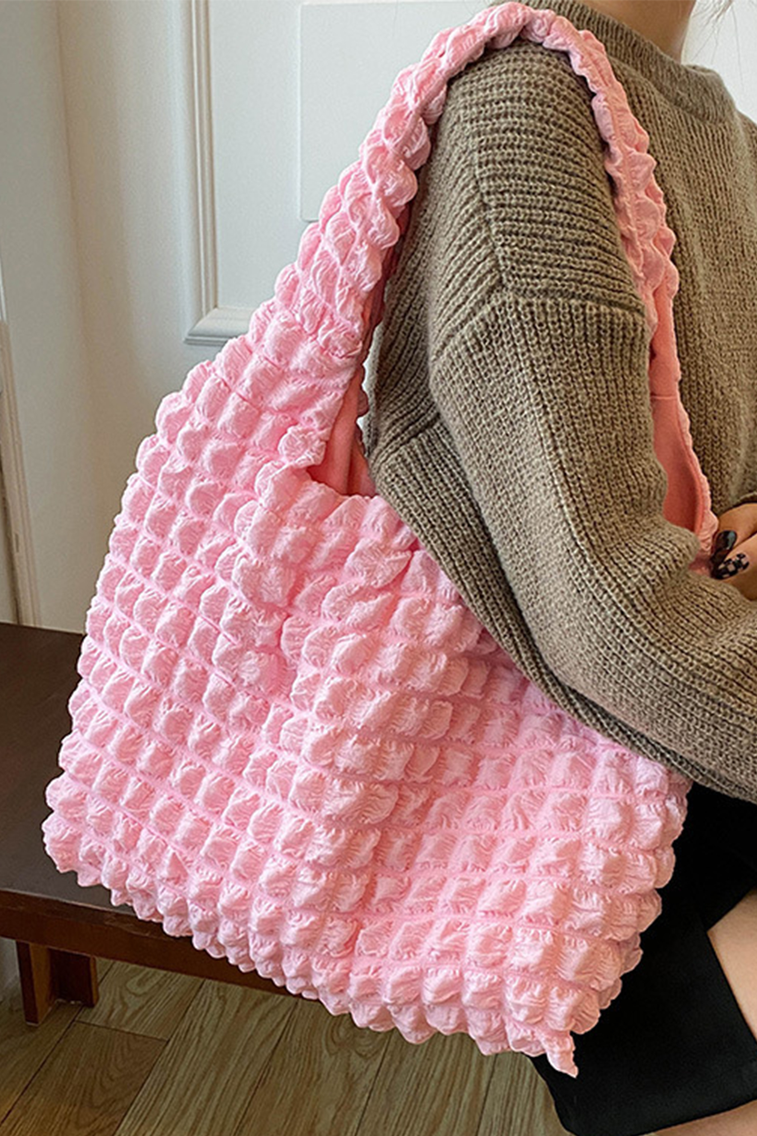 Pink Solid Color Puffy Textured Tote Bag