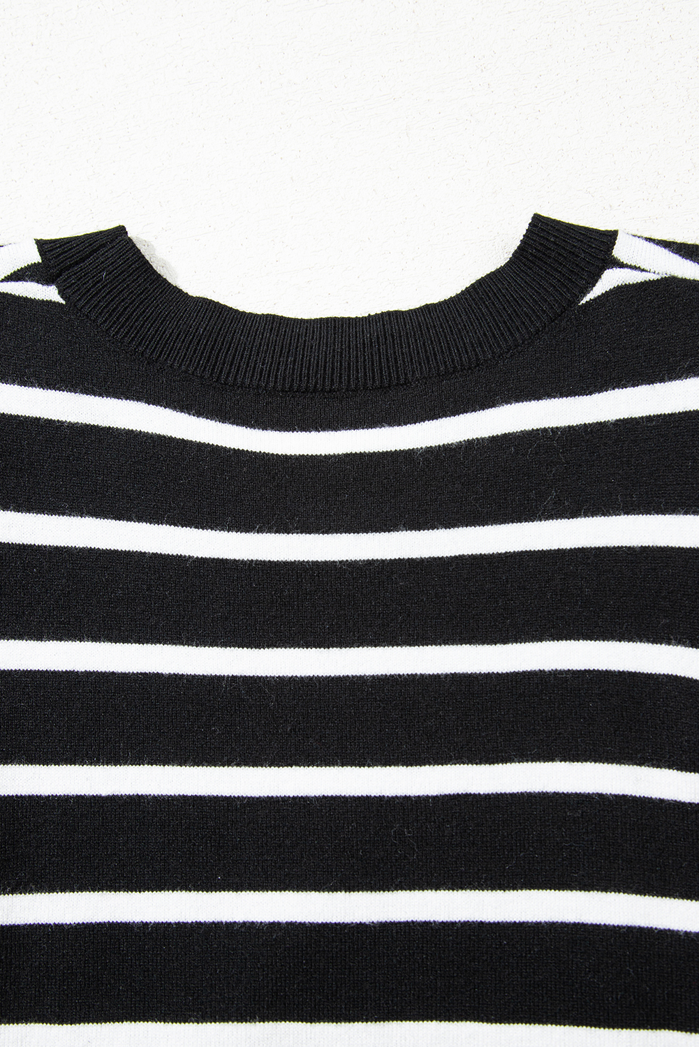 Blue Stripe Ribbed Trim Round Neck Bubble Sleeve Knitted Top