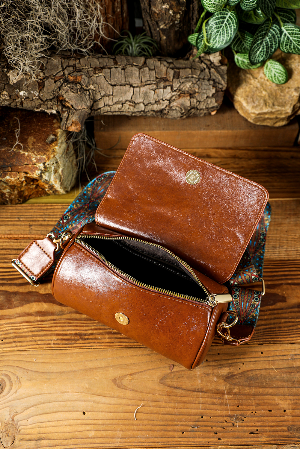 Chestnut PU Leather Flap Shoulder Bag with Retro Print Wide Strap