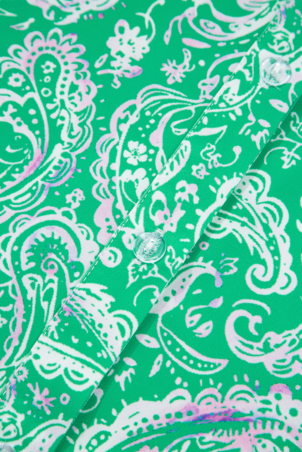 Green Paisley Print Long Sleeve Button Front Tied Waist Mini Dress