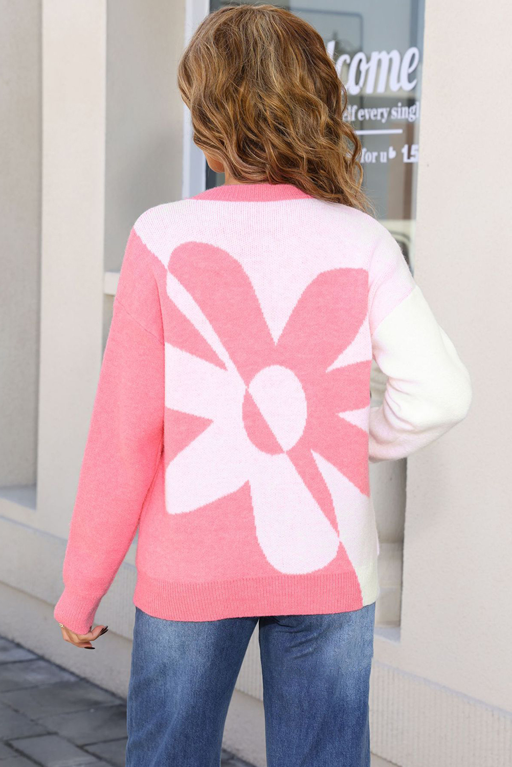 Black 2-tone Contrast Flower Pattern Drop Shoulder Bulk Sweater