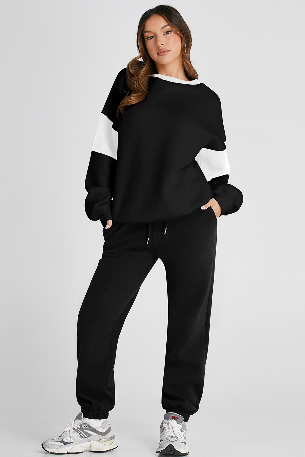 Black Drop Shoulder Loose Sweatshirt and Joggers Active Set