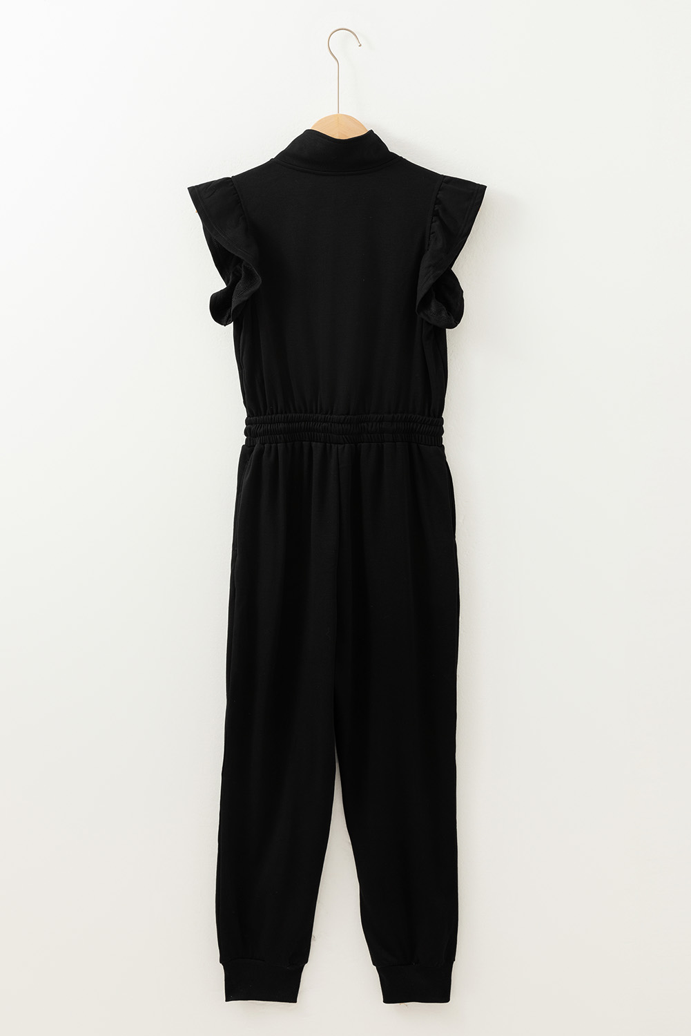 Black Zipper Flutter Sleeve Drawstring Elastic Waistband Jumpsuit