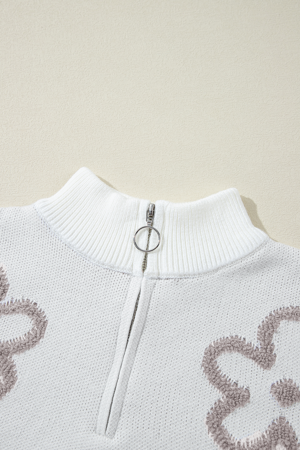 Parchment Contrast Flower Half Zipper Stand Neck Sweater