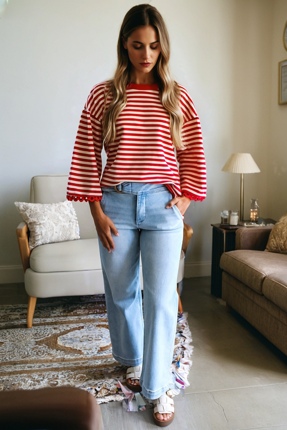 Racing Red Striped Print Drop Shoulder Lace Trim Bracelet Sleeve Loose Top