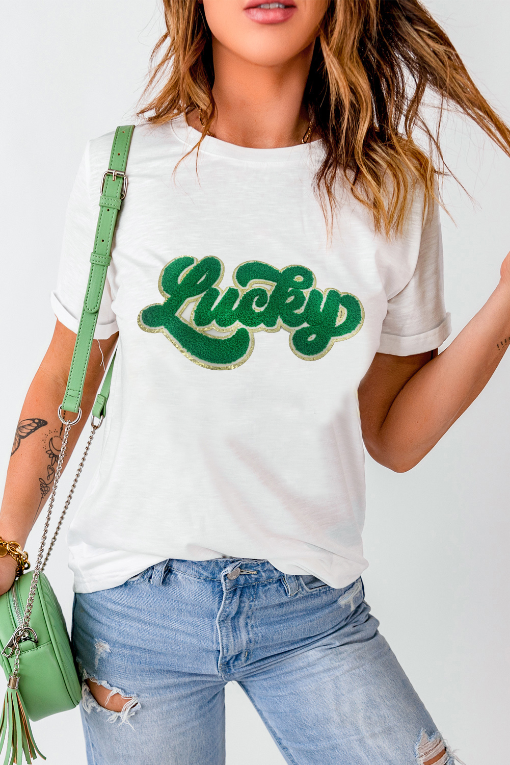 Black St. Patricks Lucky Clover Print O Neck T Shirt