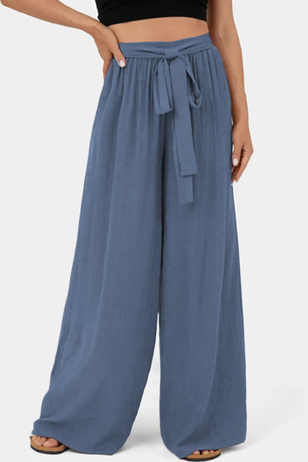 Rose Tan High Waisted Tie Front Side Pocket Wide Leg Flowy Casual Pants