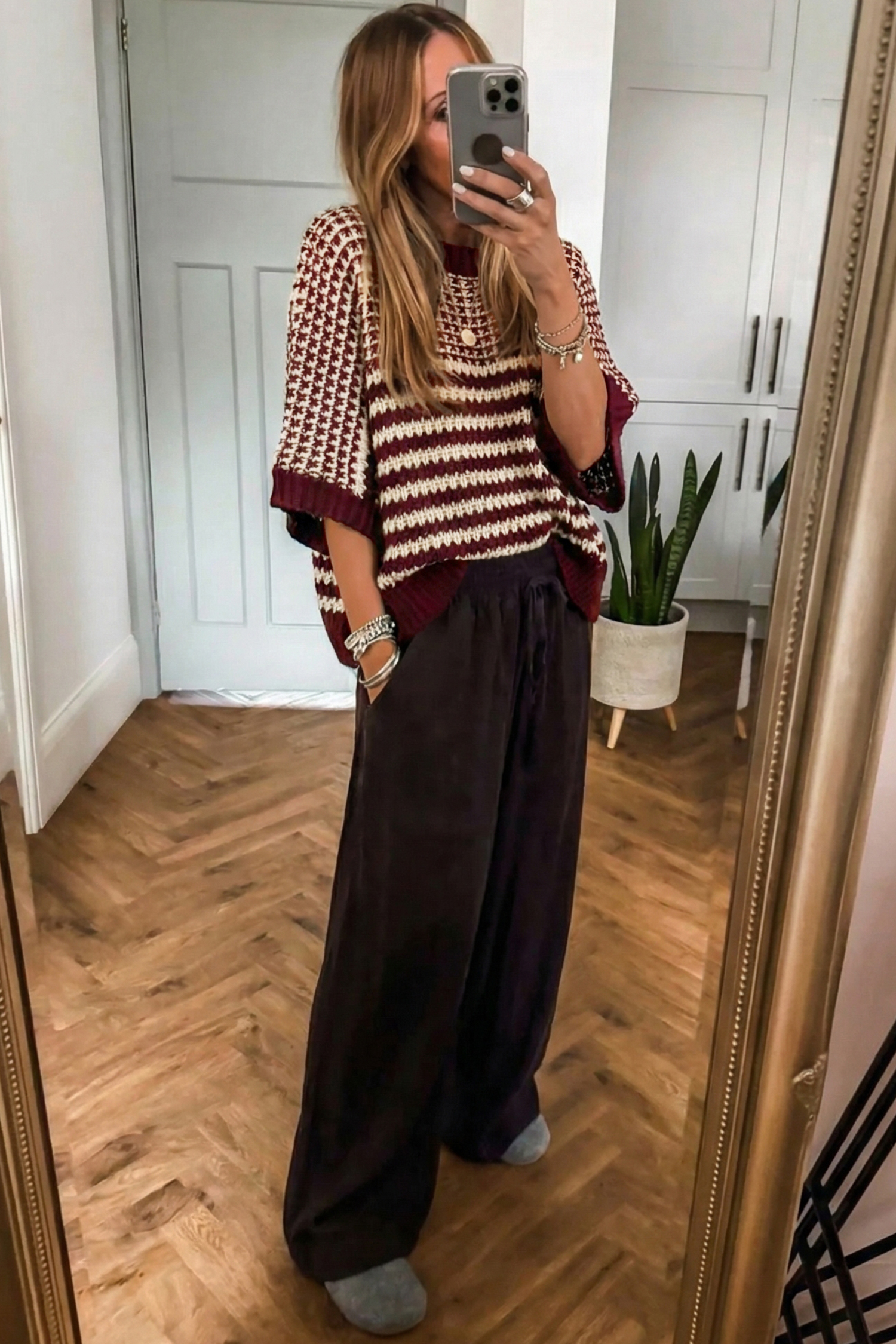 Black Stripe 3/4 Draped Sleeve Slouchy Sweater