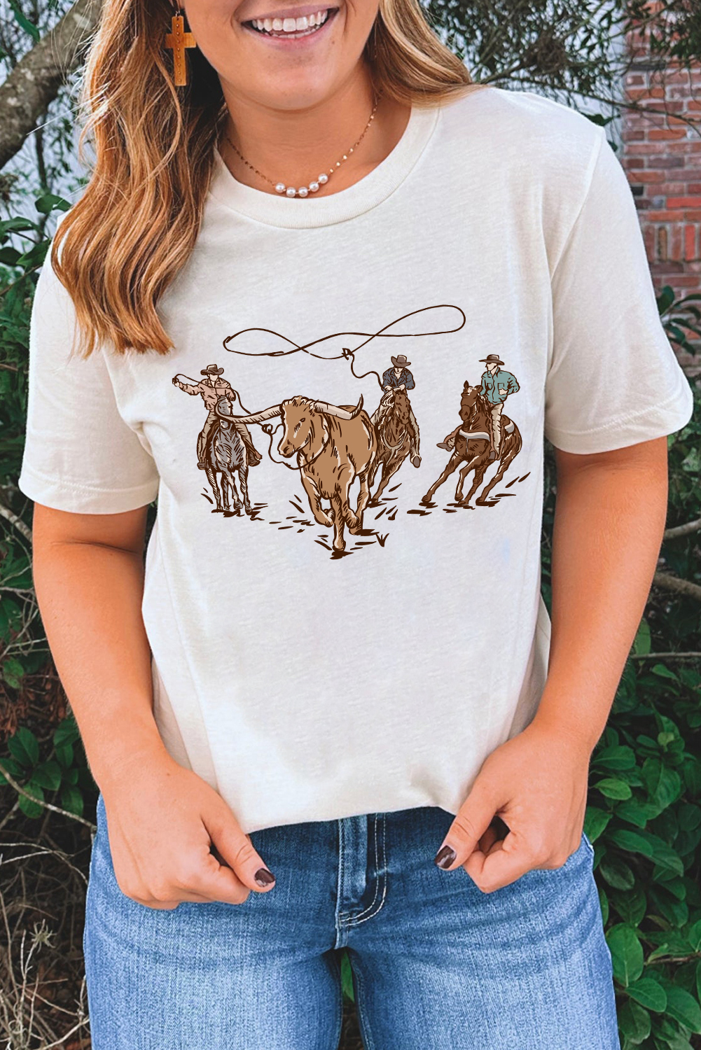 White Retro Cowboy Roping Cotton Blend Graphic Tee