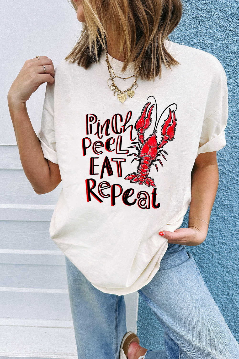 White Pinch Peel Eat Repeat Crawfish Print Crew Neck Tee