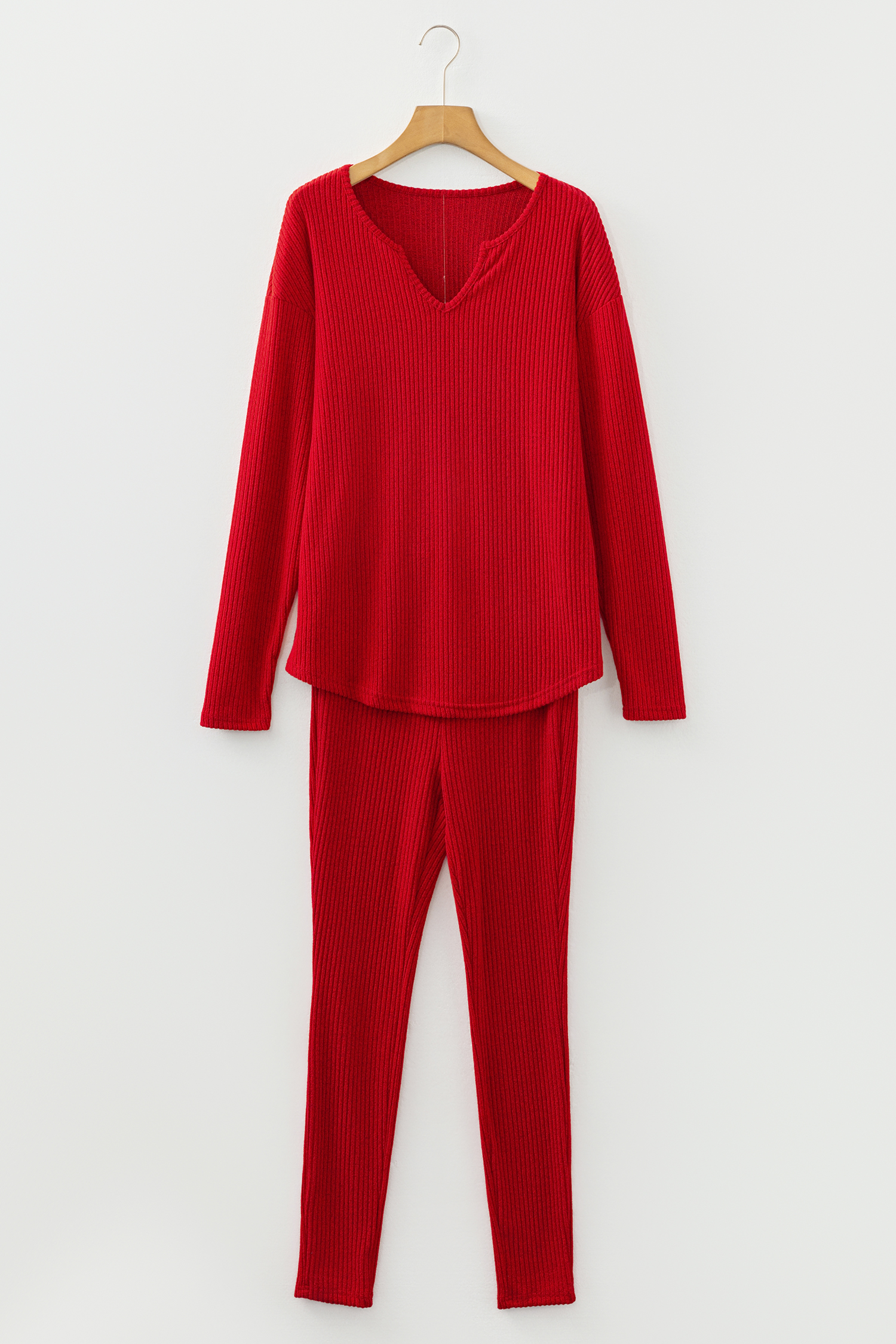 Black Ribbed Notched Neck Knit Long Sleeve Leggings Two Pieces Lounge Set