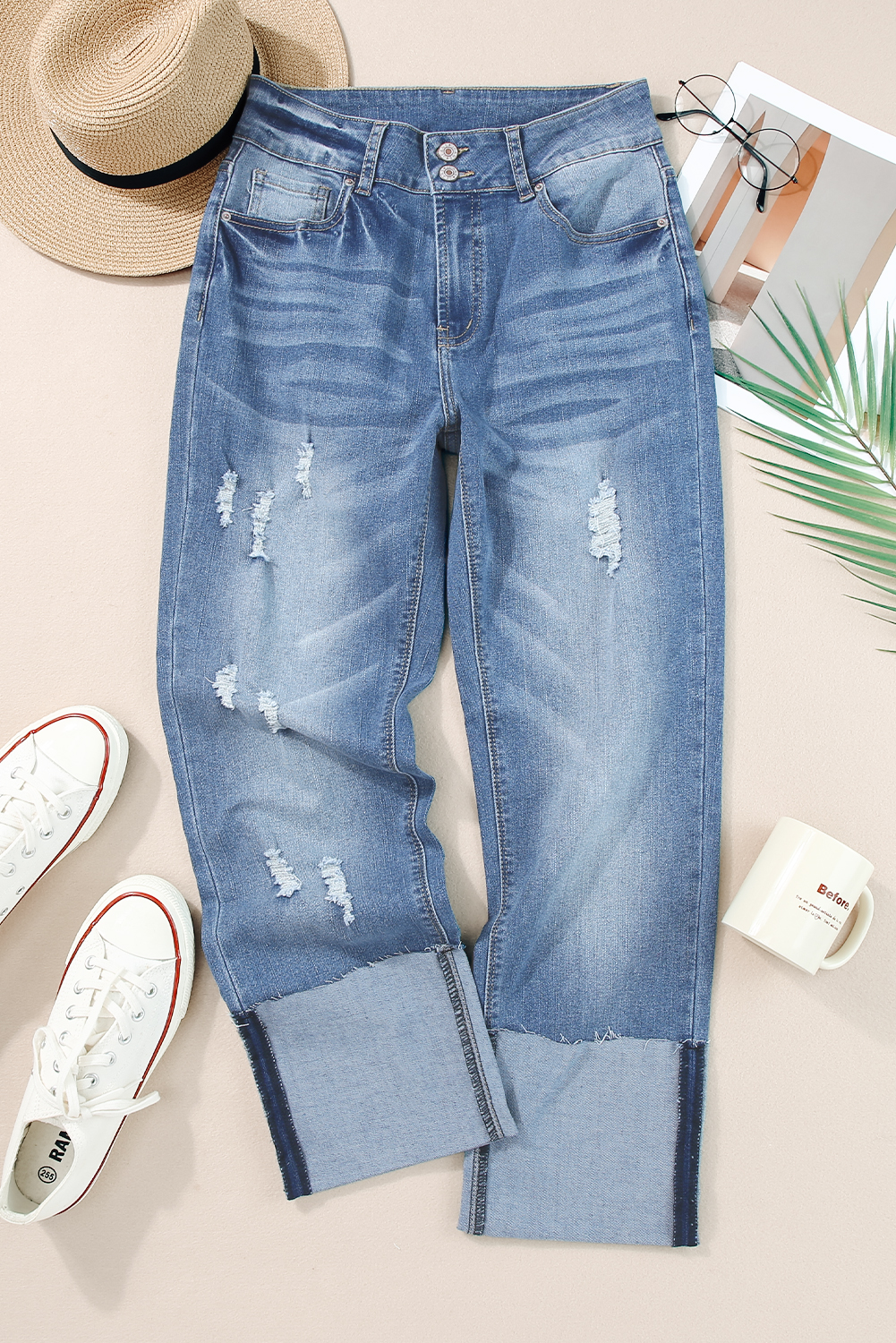 High Waist Distressed Straight Leg Jeans