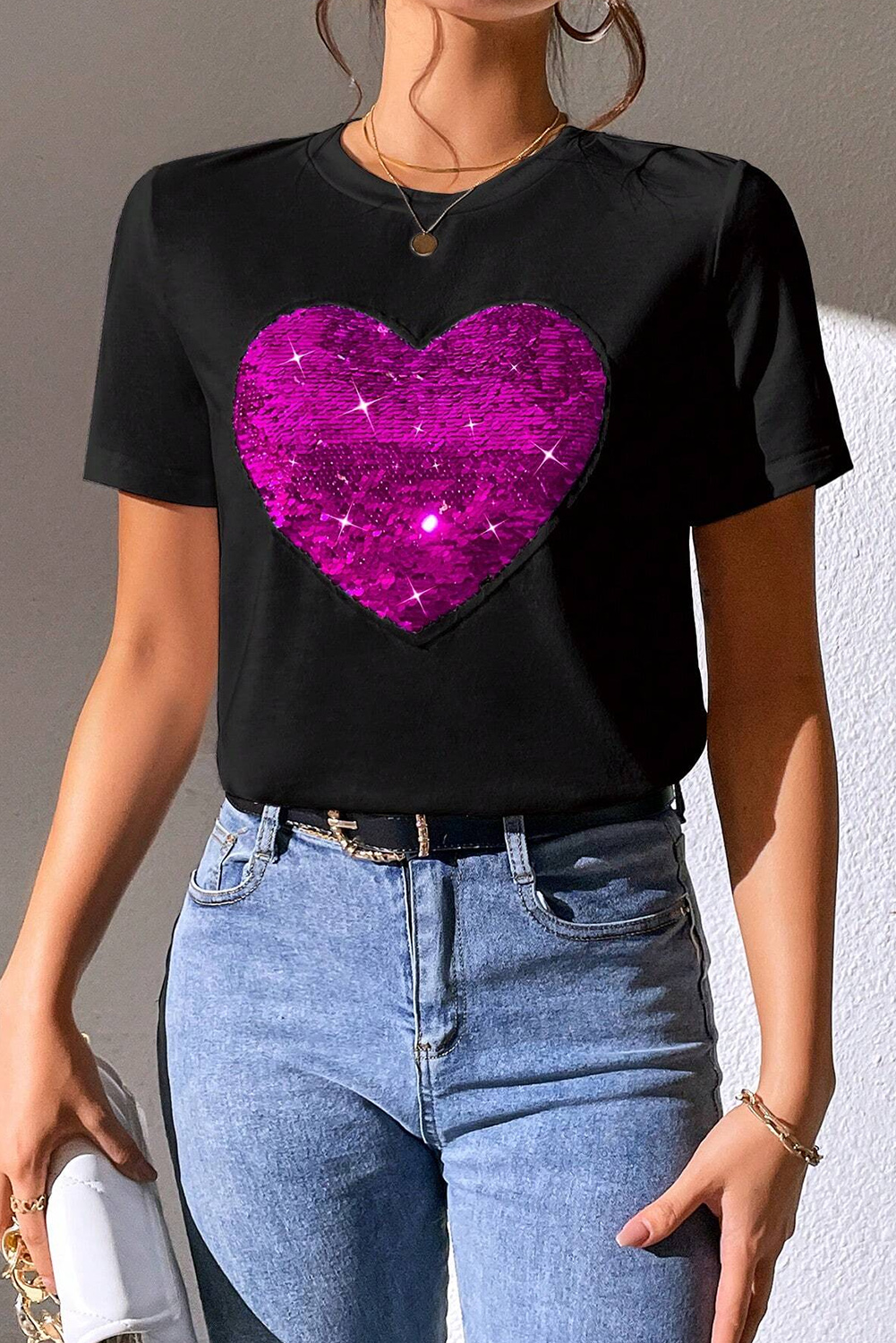 Red Leopard Striped Heart Shaped Print Crew Neck T Shirt