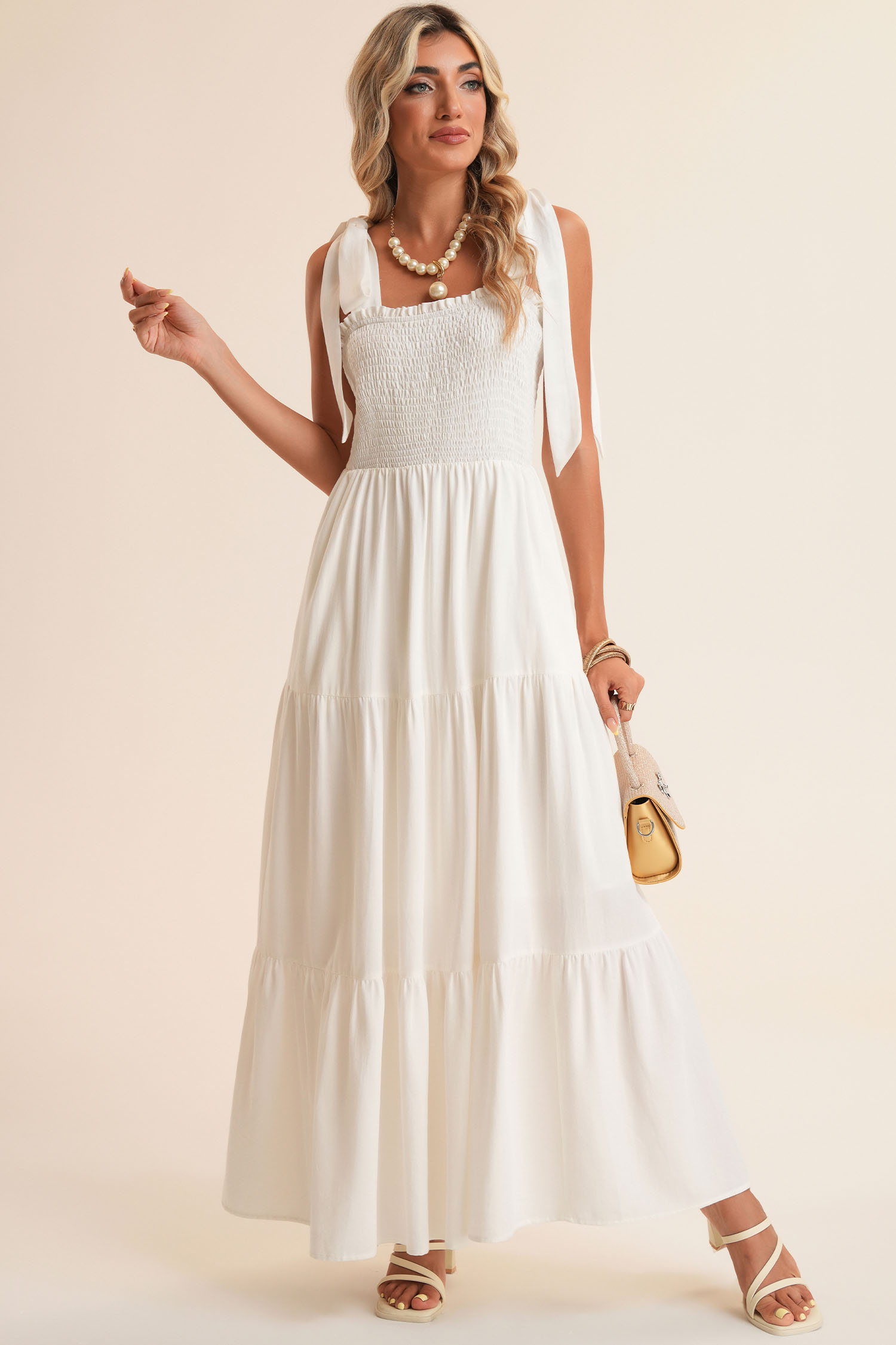 White Customizable Knot Straps Smocked Bodice Tiered Blank Maxi Dress