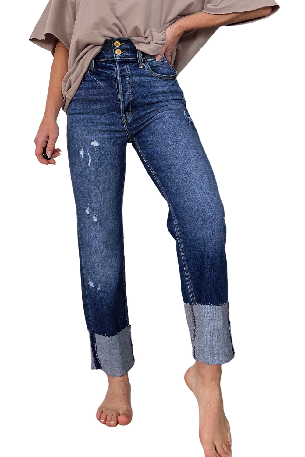 High Waist Distressed Straight Leg Jeans
