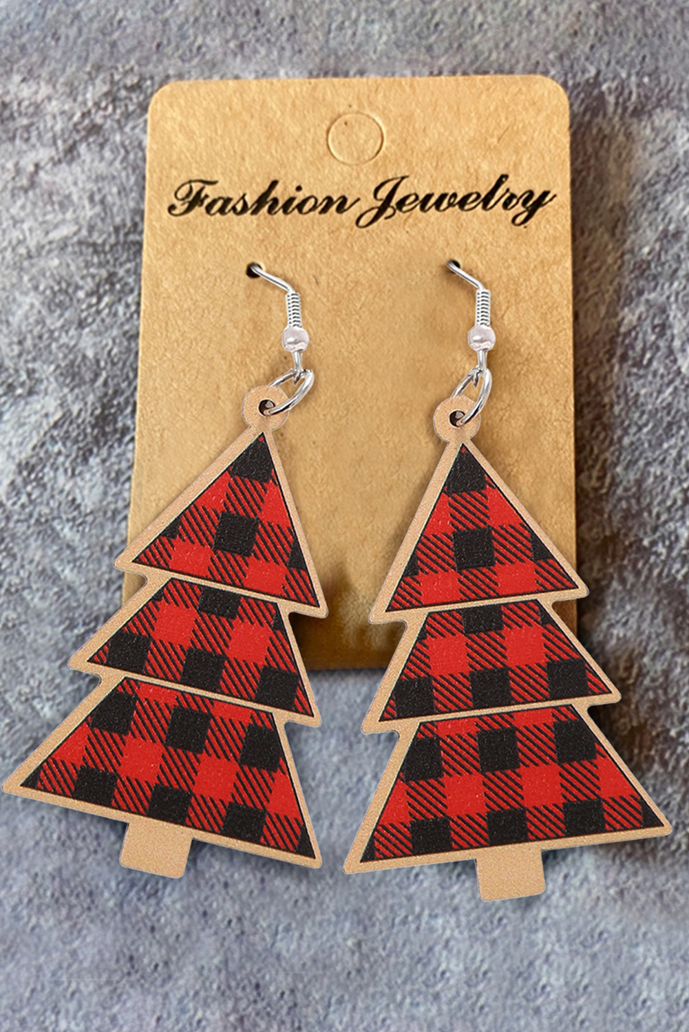 Red Shade Of Leopard Plaid Christmas Tree Earrings