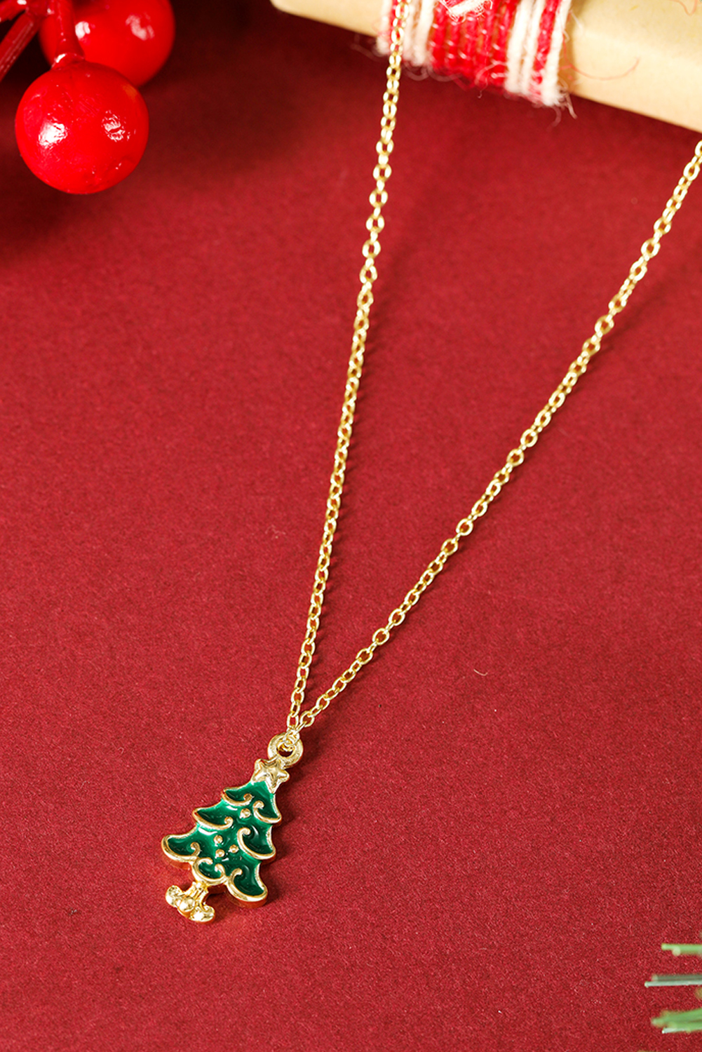 Gold Alloy Plated Chain Christmas Tree Pendant Necklace