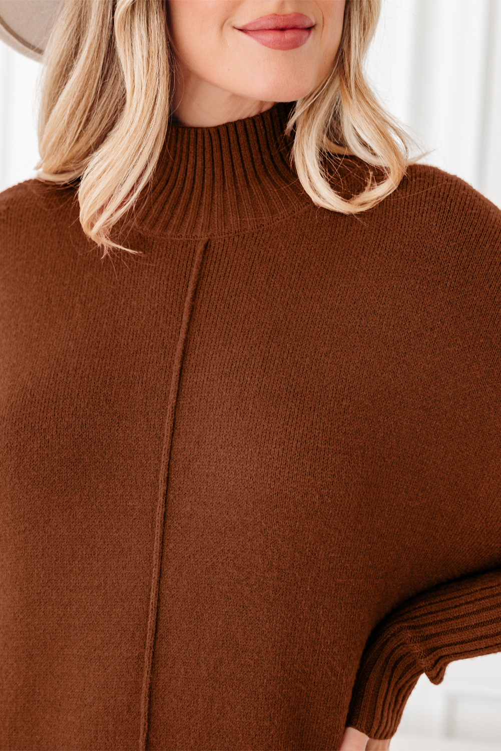 Fiery Red Ribbed High Neck Front Pockets Center Seam Shift Sweater Dress
