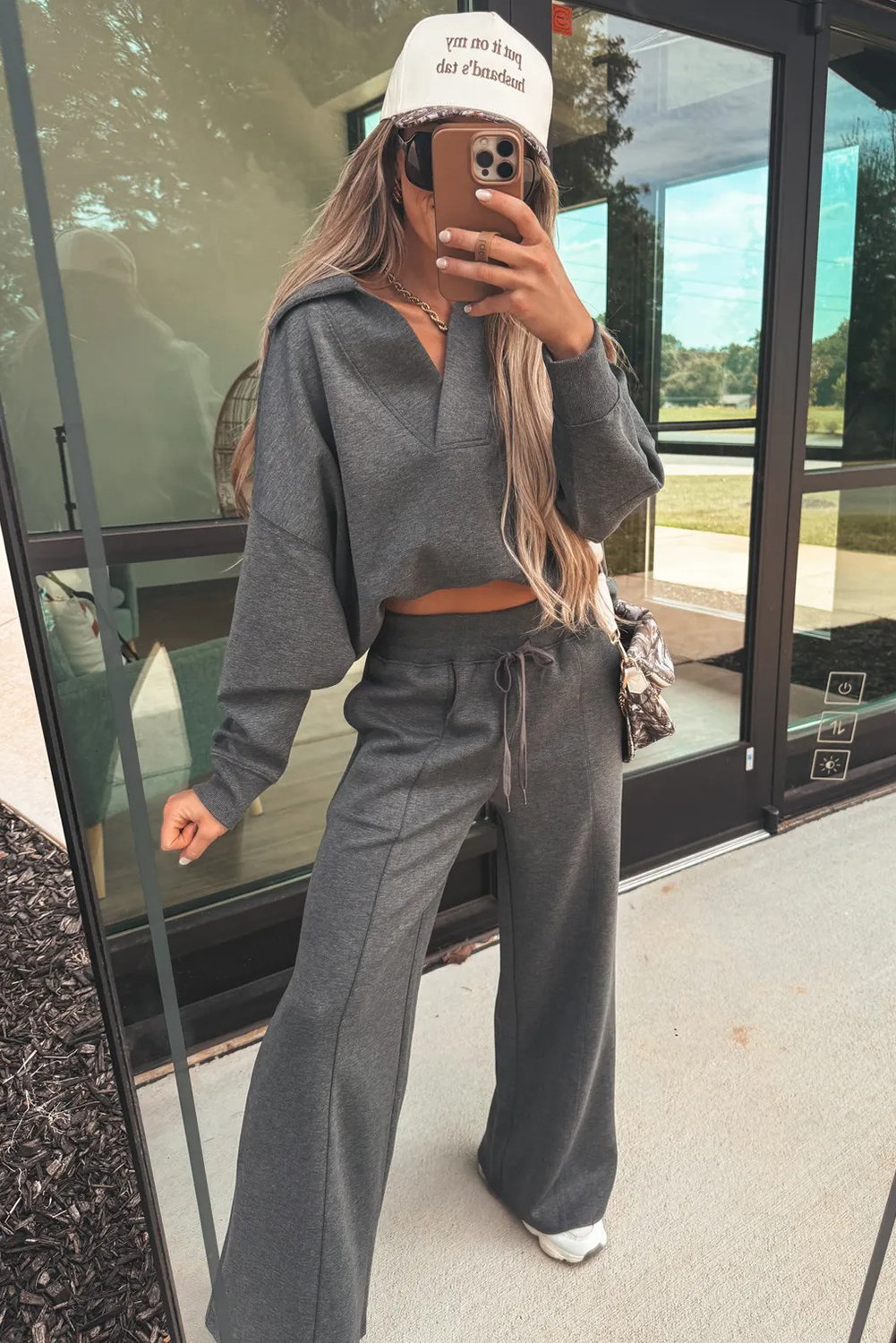 Bristol Black Collared V Neck Pullover Sweatshirt Sweatpants Set