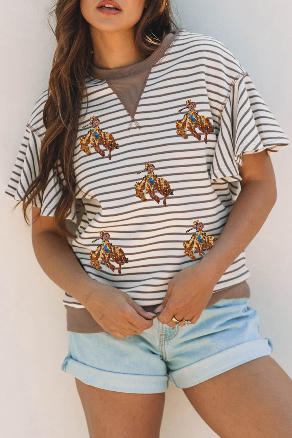 Parchment Sequin Rodeo Patch Pattern Striped Ruffled Sleeve Summer Top