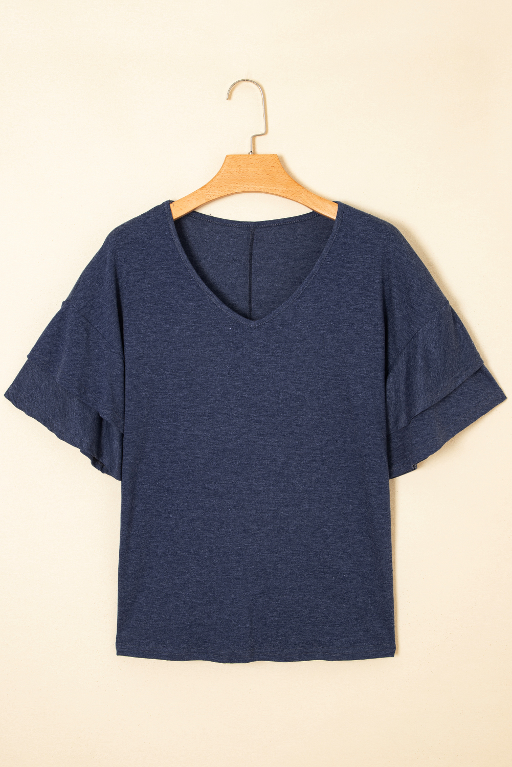 Sail Blue Solid Colour V-Neck Double Layer Sleeve Loose T-Shirt