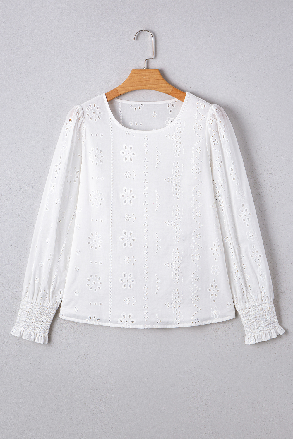 White Eyelet Embroidered Smocked Cuff Sheer Blouse