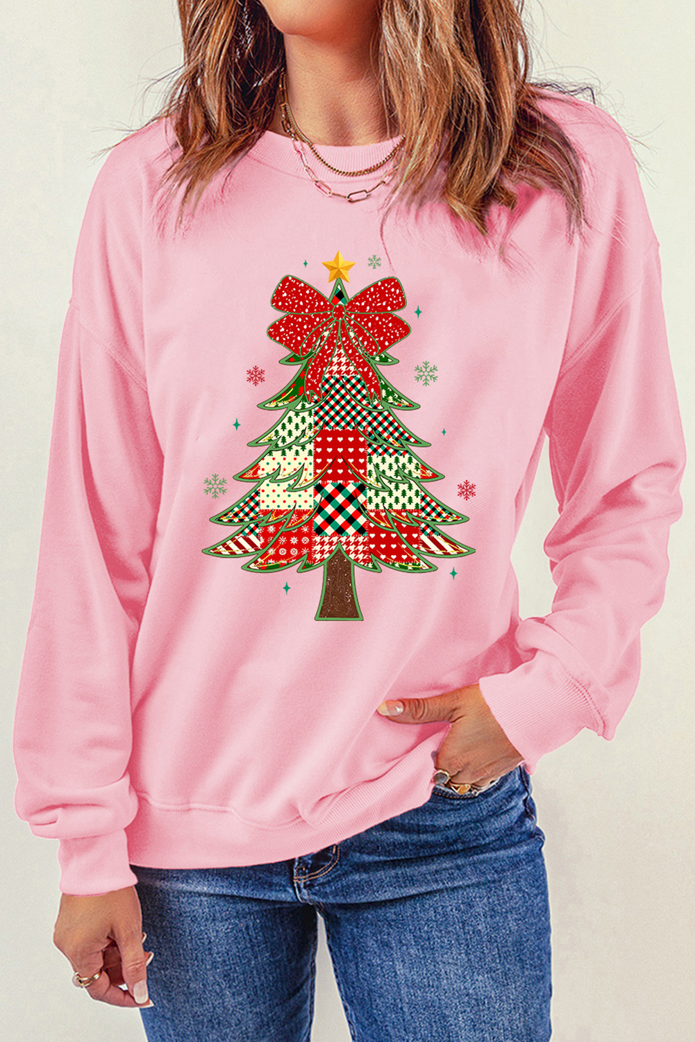 Pink Multi-pattern Checkered Christmas Tree Womens Drop Shoulder Sweatshirt
