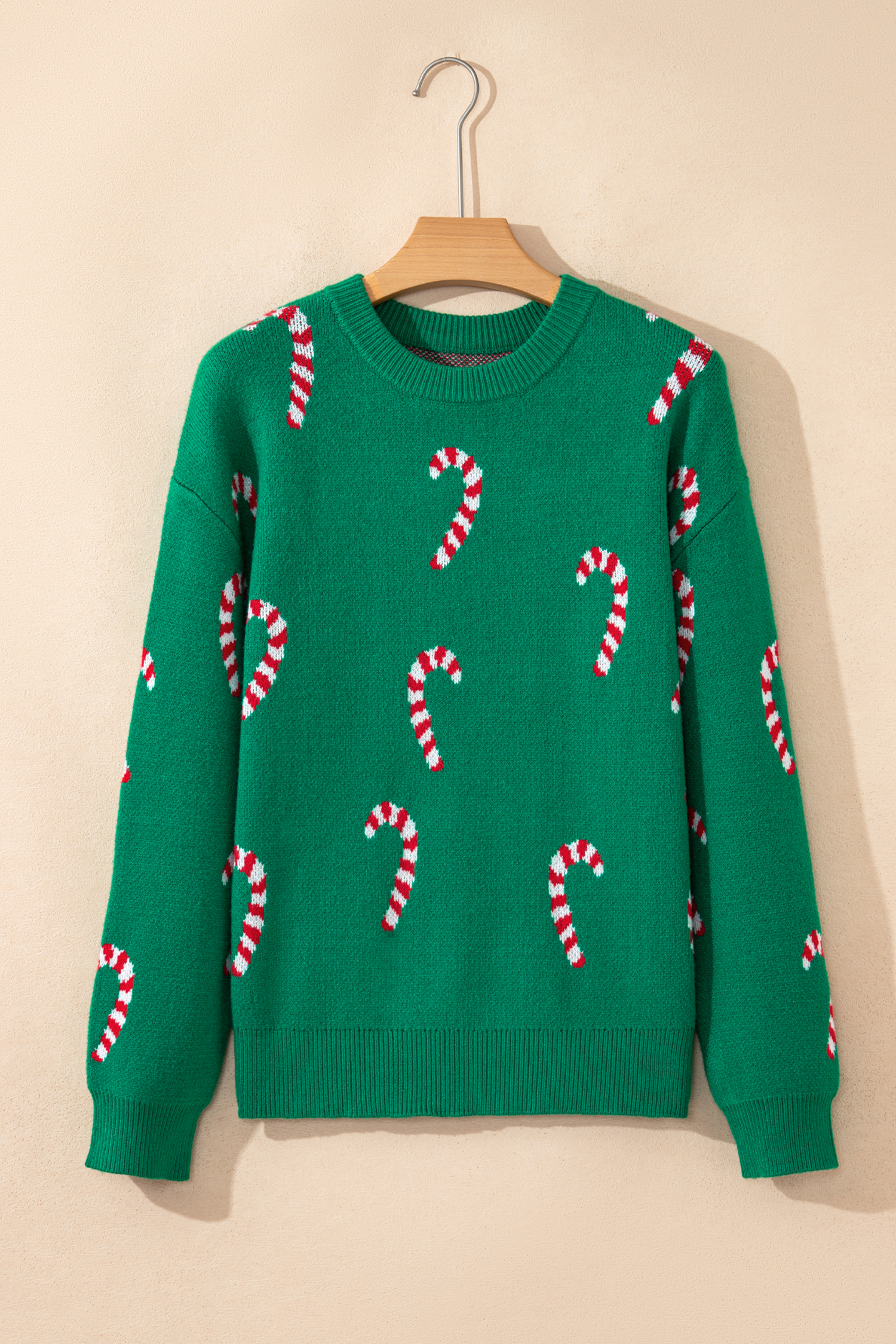 Dark Green Christmas Candy Cane Holiday Drop Shoulder Sweater