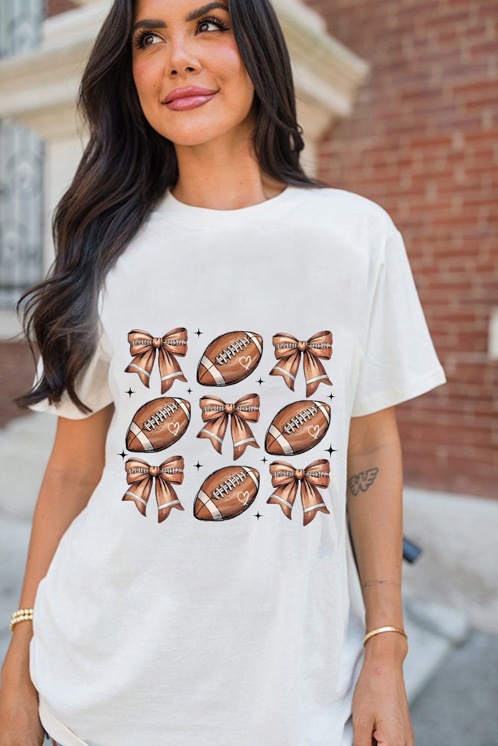 White Football Fashion Bow Print Cotton Blend T Shirt
