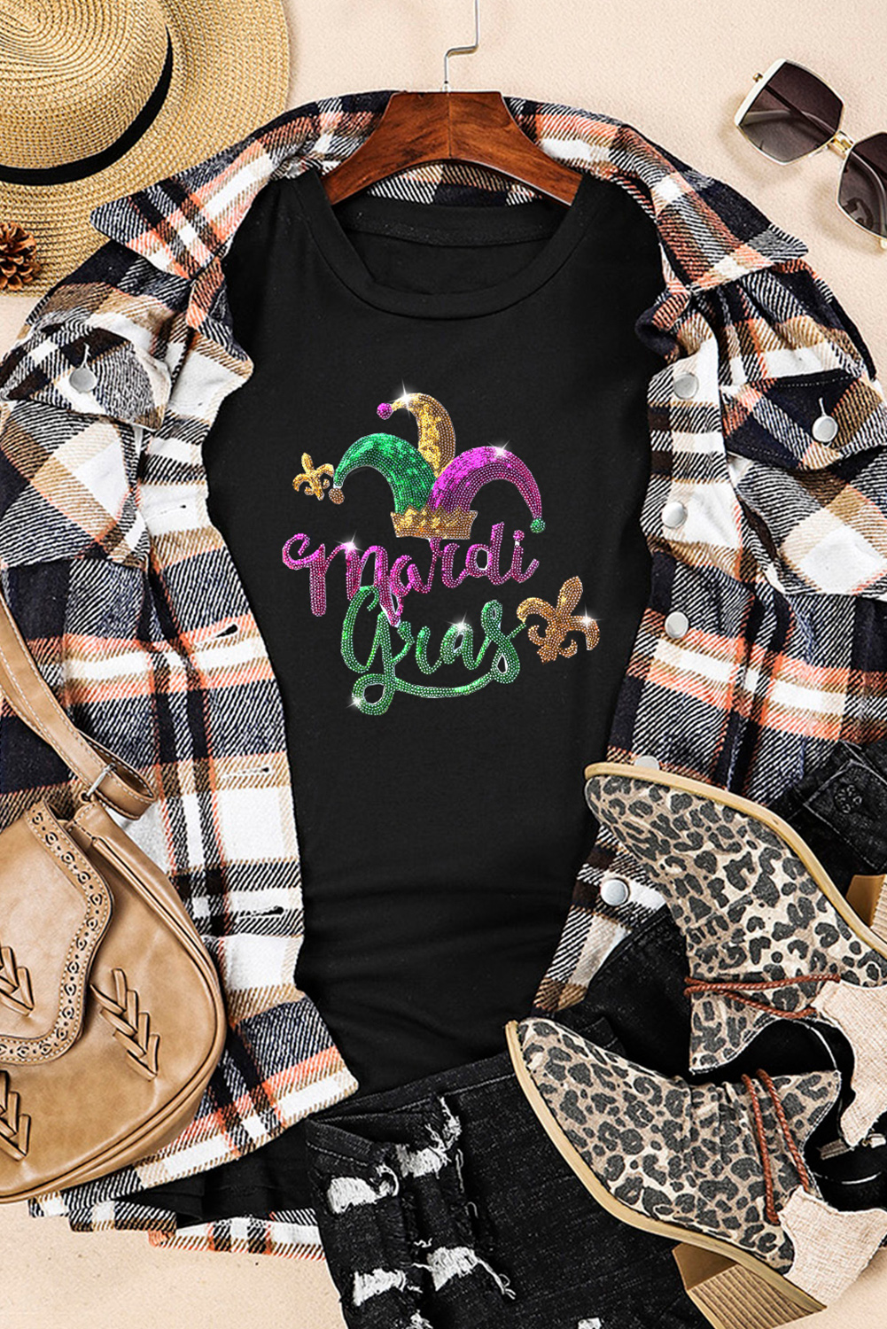 White Mardi Gras Sequin Graphic T-shirt