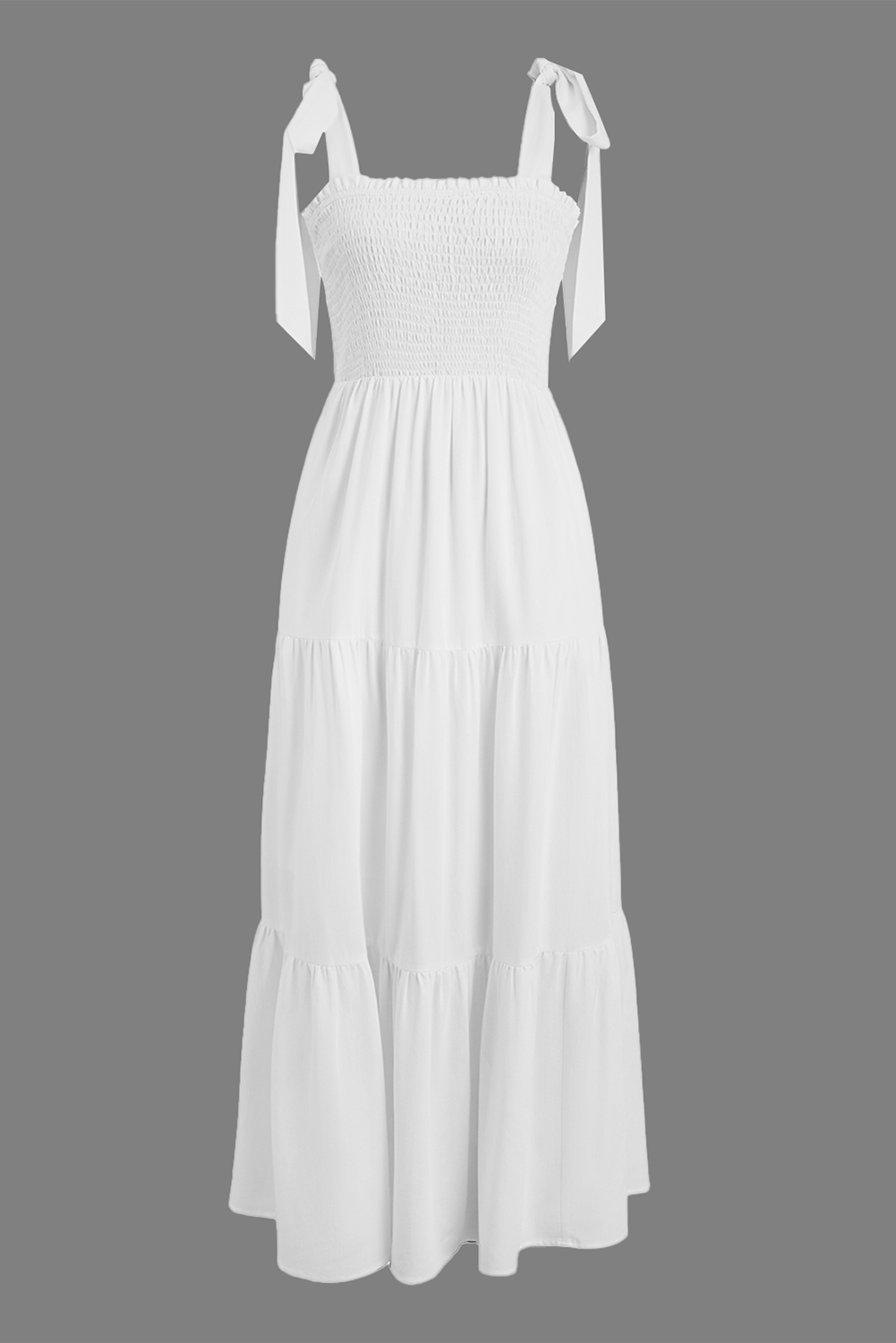 White Customizable Knot Straps Smocked Bodice Tiered Blank Maxi Dress