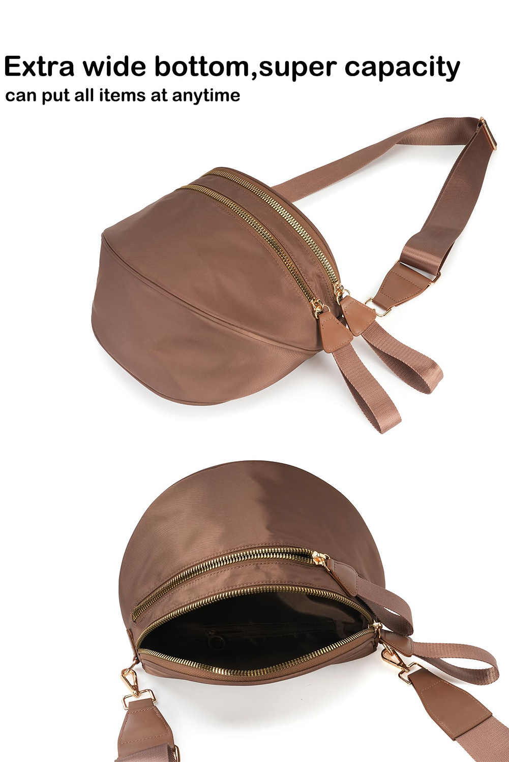 Light Grey Double Zip Crescent Shape Adjustable Sling Bag