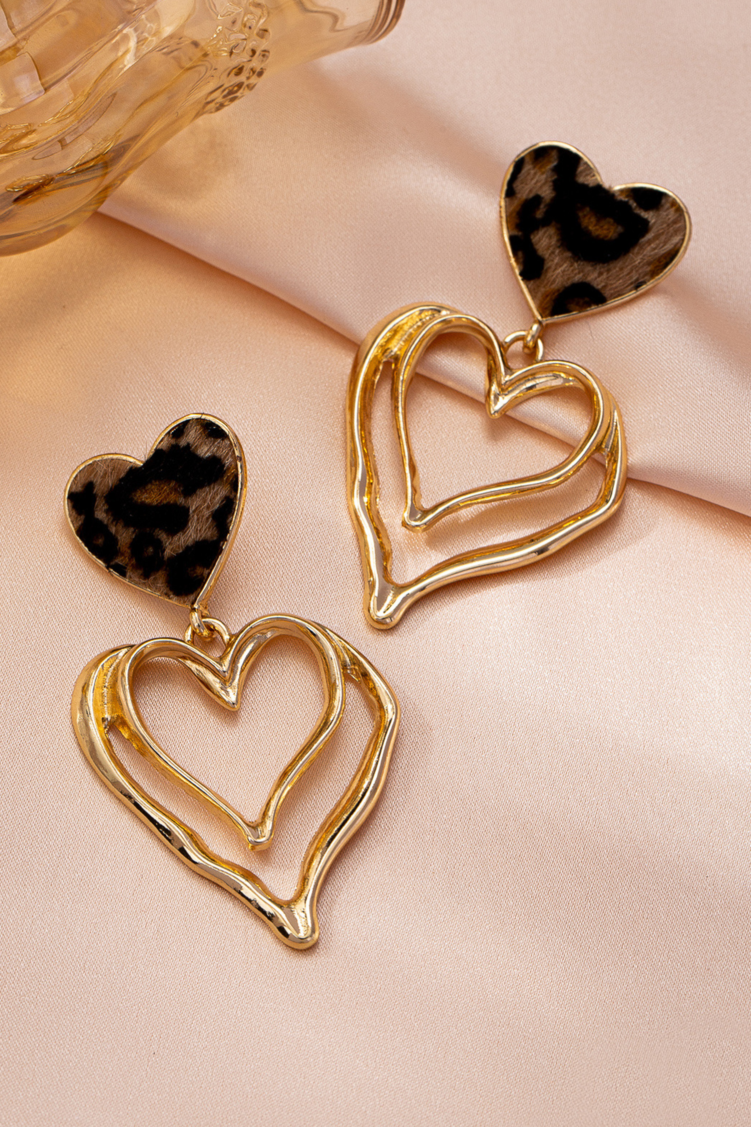 Gold Plated Irregular Hollowed Heart Leopard Studded Earrings