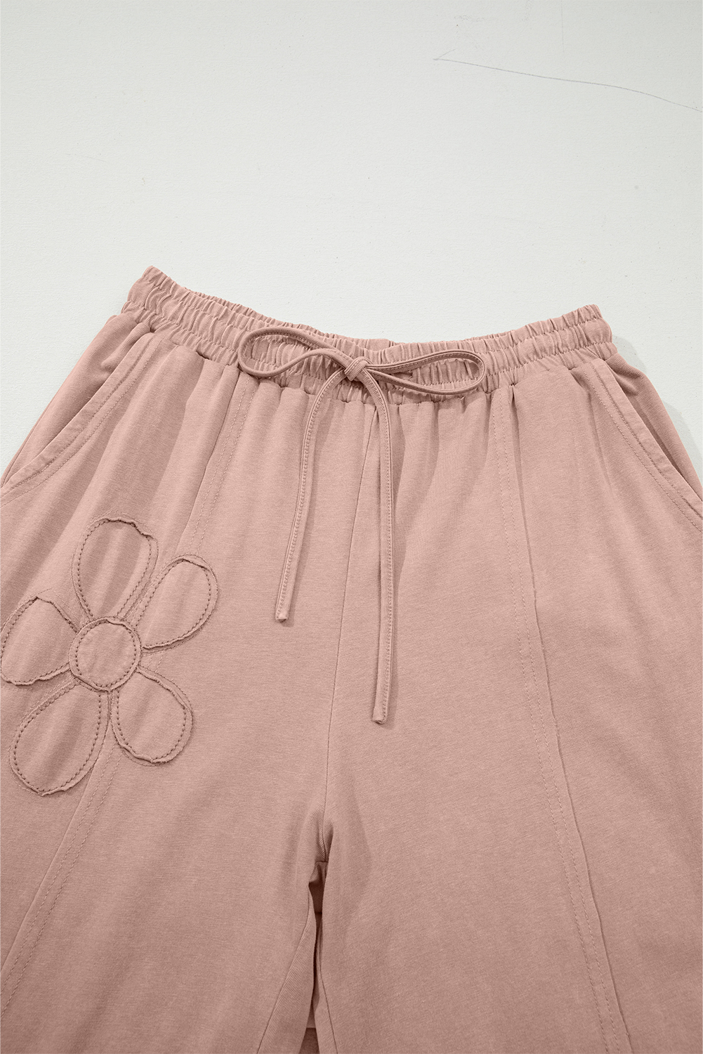Light Grey Flower Patch Mineral Washed Terry Knit Cropped Wide Leg Pants