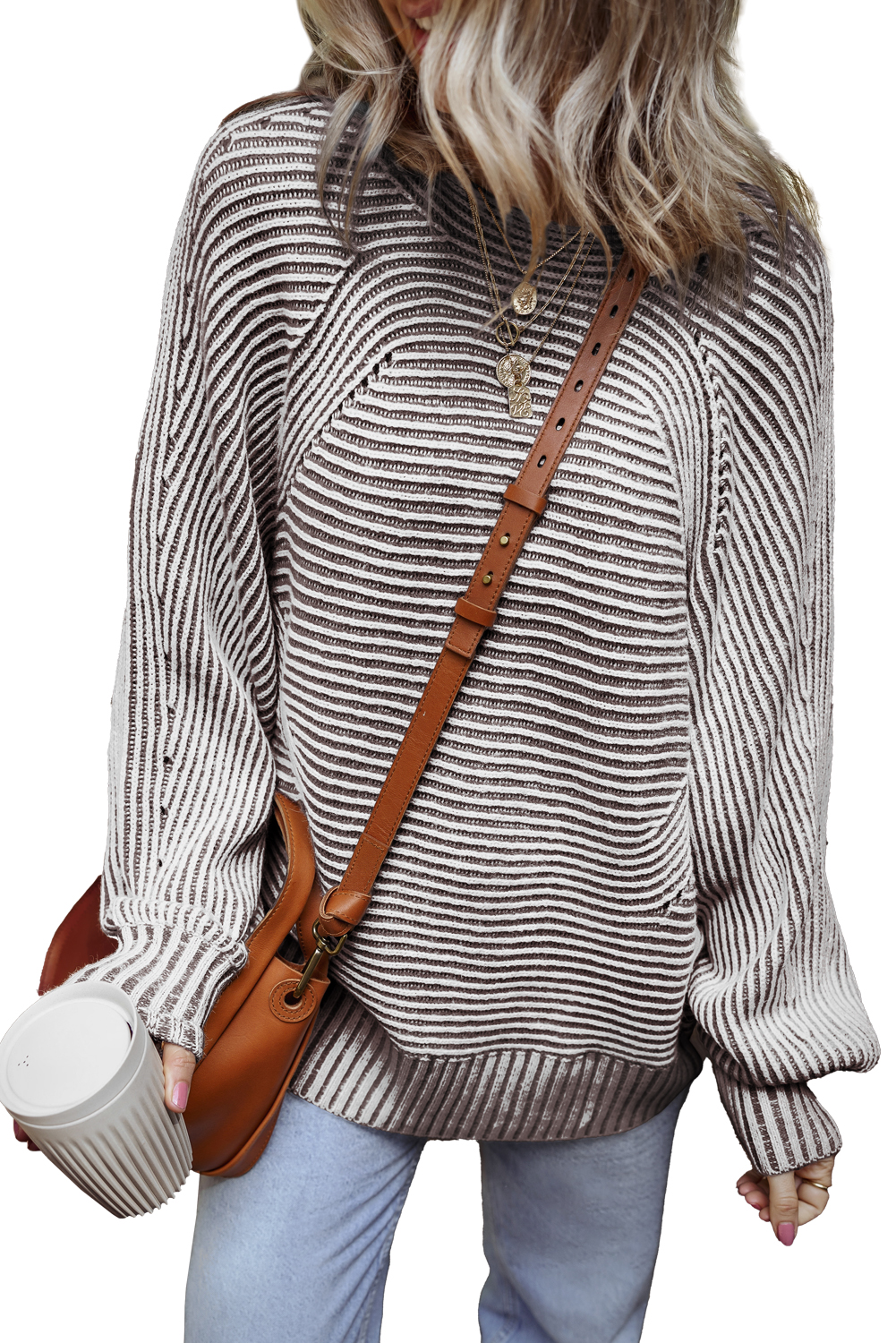 Coffee Striped Print Ribbed Knit Boat Neck Baggy Sweater