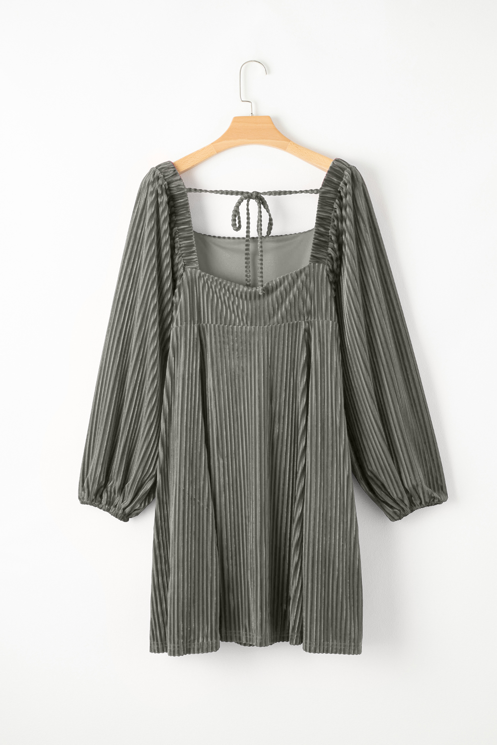 Gray Tie Back Square Neck Velvet Babydoll Dress