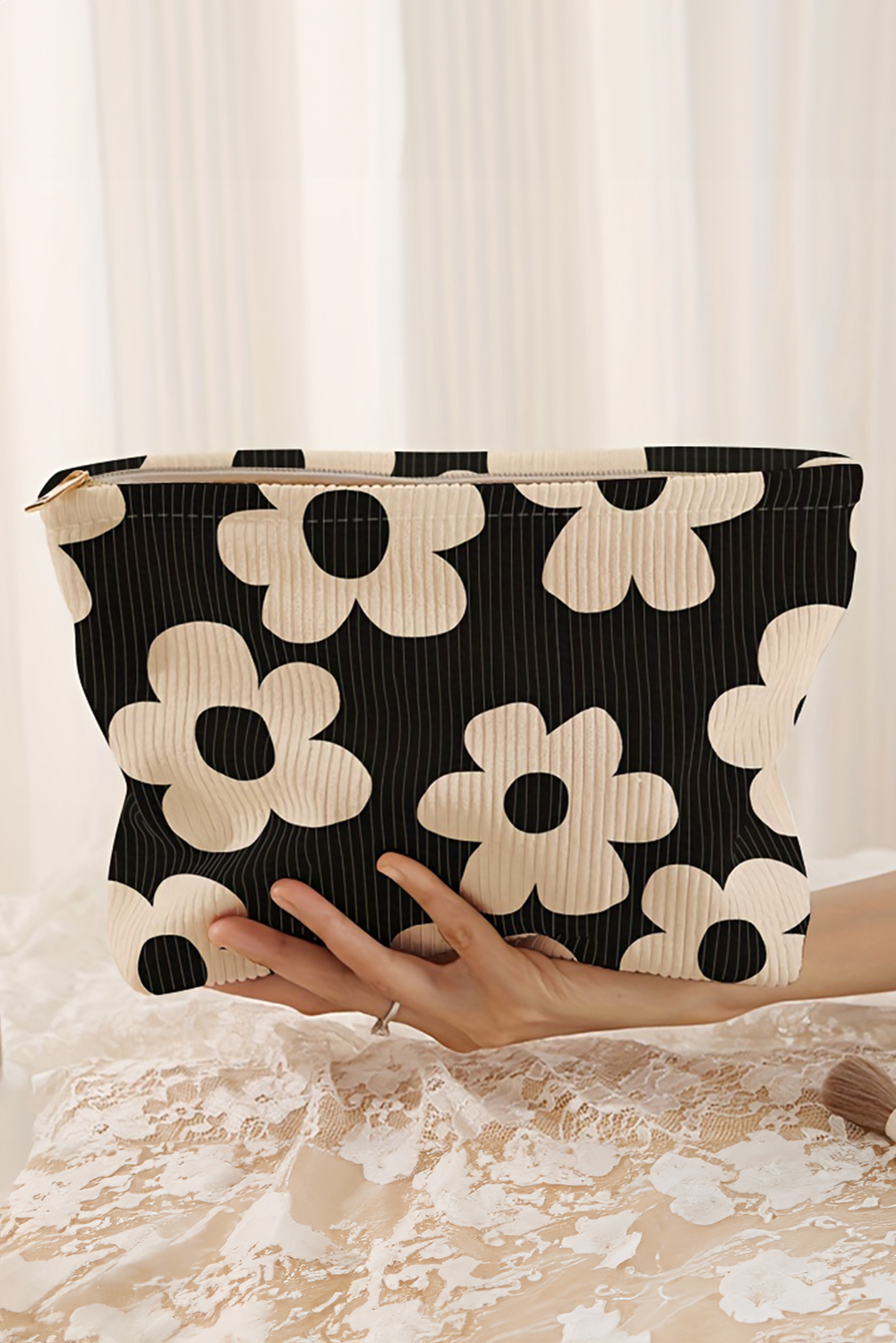 Red Flower Printed Rib Textured Cosmetic Bag
