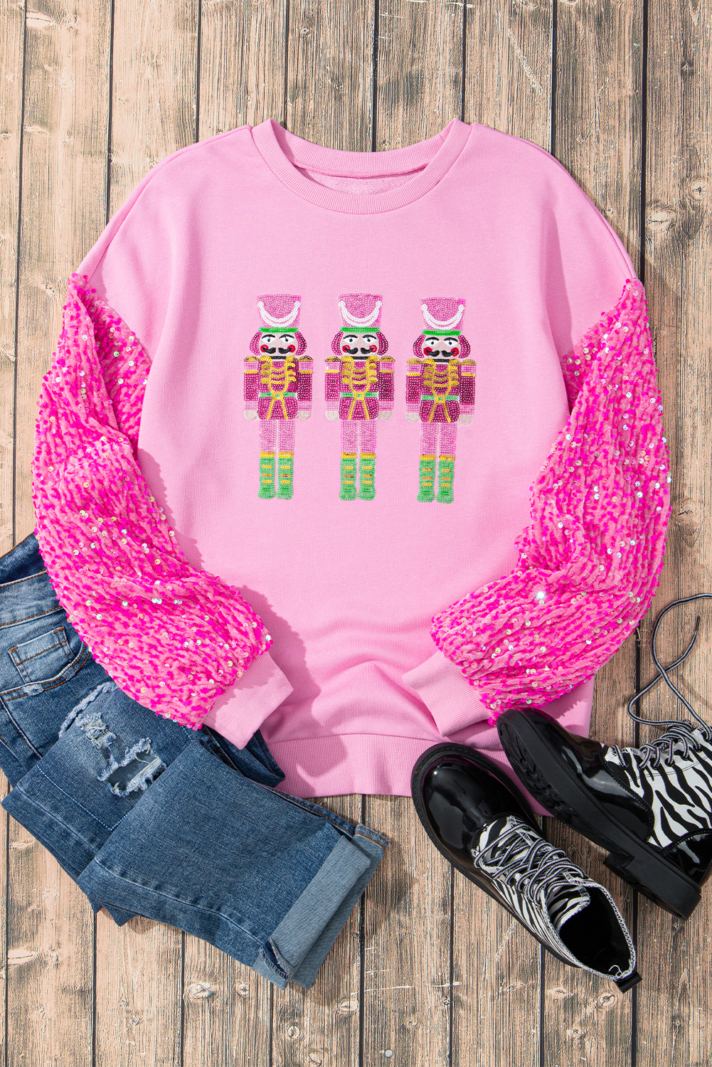 Pink Shiny Father Christmas Graphic Sequin Long Sleeve Top