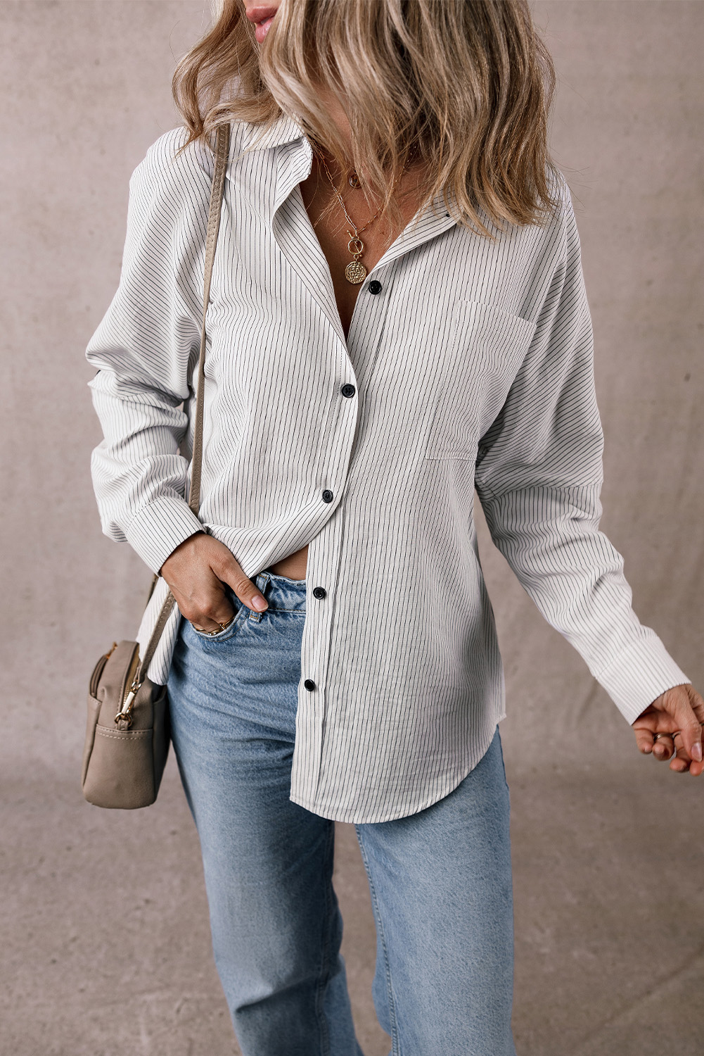 DEAR-LOVER Stripe Roll-tab Sleeve Pocketed Long Shirt