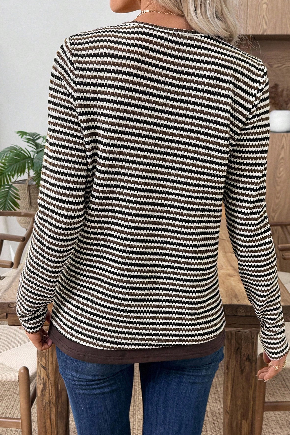 Brown Faux Two Piece Textured Striped Round Neck Long Sleeve T Shirt