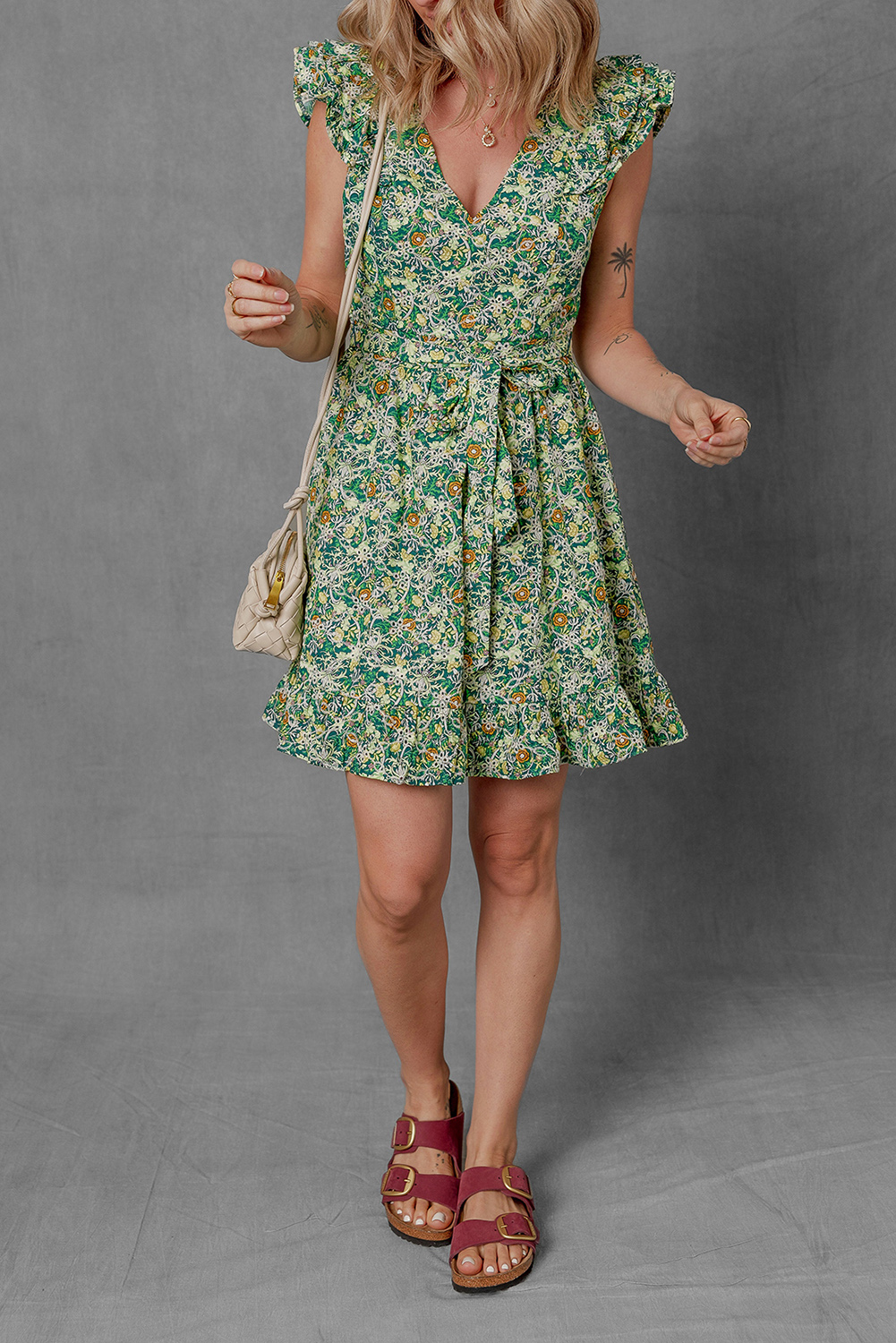 Green Flower Print Flutter Sleeve V Neck Sashed Ruffled Mini Dress