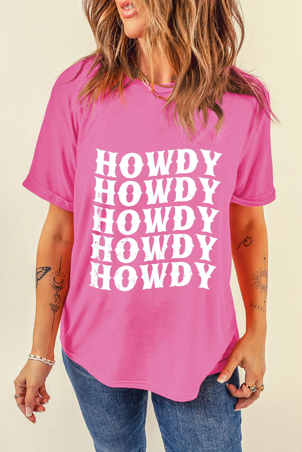 Sachet Pink HOWDY Graphic Western Crew Neck Tee